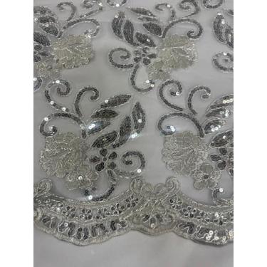 Imagem de Sedona Designz Tecido de renda floral Queen com cordão de 127 cm de largura com lantejoulas – Tecido bordado de malha com bordas recortadas para formatura, vestidos de noiva, decoração e projetos de