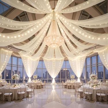 Imagem de FrohFest 6 painéis de cortinas de teto bege com luzes para casamentos – 1,5 m x 9 m, tecido de tule sem rugas, arco de casamento, drapeado, cortinas de teto, decorações para festa de casamento