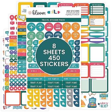 Imagem de bloom daily planners Adesivos de agenda de viagem – 8 folhas / 450 adesivos – Pacote de variedade de aventura para planejamento de viagem, scrapbook, decoração de calendário, diário de férias – ícones e citações coloridos