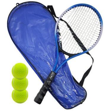 Imagem de Kit Esportivo Com Raquete Tênis De Quadra Azul + Bolsa + 3 Bolas - Con