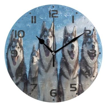 Imagem de JUZIHAI Husky Dogs Relógio de parede silencioso, redondo, sem tique-taque, operado por bateria, fácil de ler, relógio decorativo de parede para casa, cozinha, sala de estar, quarto, escritório, 25 cm
