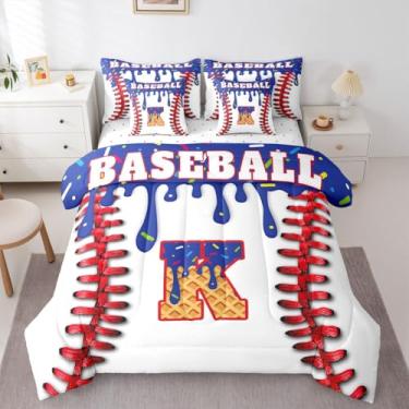 Imagem de Conjunto de edredom de beisebol personalizado com lençóis, fronhas e capa de almofada, com inicial K, 7 peças, decoração de quarto de meninas, para amantes de beisebol, cama em uma bolsa, solteiro