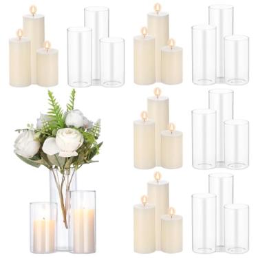 Imagem de 12 conjuntos de velas de pilar com cilindros de vidro, 3 tamanhos, castiçais finos de vidro Hurricane, vasos cilíndricos transparentes, decoração de centro de mesa romântica para casamento, festa