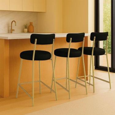Imagem de Banqueta Cozinha Média Com Encosto Industrial Champanhe Kit 3 Londres Pu Preto D03 - D`rossi