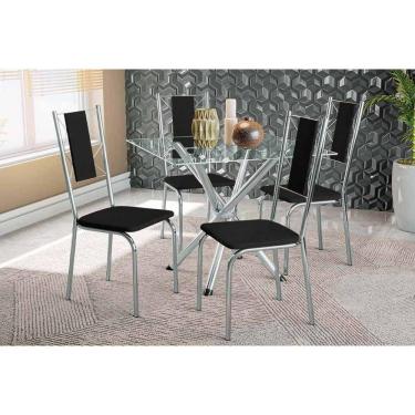 Imagem de Conjunto Mesa De Cozinha Volga Com Tampo De Vidro 90cm E 4 Cadeiras Lisboa Cromada Courano Preto Kappesberg