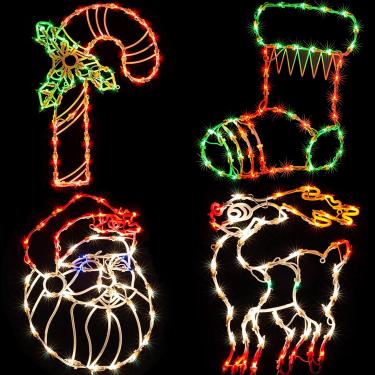 Imagem de Luzes de Natal – Pacote com 4 40,64 cm de luz de silhueta de janela de Natal inclui cana doce, Papai Noel, rena, decoração de luz de Natal com 50 lâmpadas para decoração de vidro de porta de parede interna