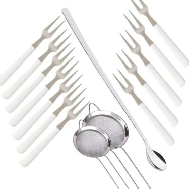 Imagem de Kit Garfos para Petisco Branco 18 Peças + Colher de Suco Longa em Aço Inox, 10cm e 30.5cm + 2 Peneiras Inox 10cm e 12cm