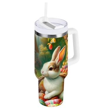 Imagem de Copo de água verde tulipas coelho da Páscoa de 850 g com tampa e canudo, copos isolados de aço inoxidável com tampa 2 em 1