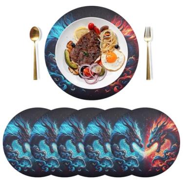 Imagem de Jogo americano redondo Fire Ice Dragons de 38 cm, jogo americano de mesa de jantar, jogo americano lavável em PVC para cozinha, conjunto de 6