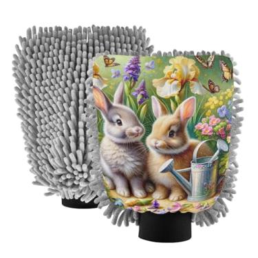 Imagem de ODAWA 2PK Luva absorvente de microfibra livre de arranhões para lavagem de carro, Spring Bunnies Garden, tamanho G 20,5 cm x 30 cm