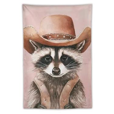 Imagem de Guaxinim em chapéu de cowboy com colete tapeçaria de parede bonito decoração animal de fazenda fundo rosa arte caprichosa para sala de estar quarto rústico estilo country decoração pendurada destaque