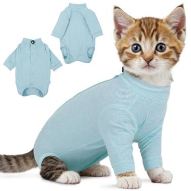 Imagem de PUMYPOREITY Camisa de recuperação de gato ajustável, roupa de lesão na perna frontal, elástica e confortável, capa de manga comprida anti-lamber, evita arranhões e mordidas, lavável na máquina, azul