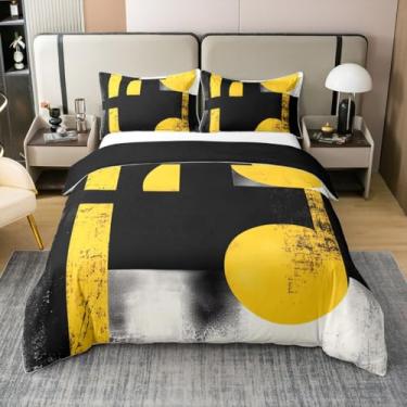 Imagem de Conjunto de capa de edredom 100% algodão amarelo preto tamanho Queen, conjunto de cama geométrico abstrato 3 peças para decoração de quarto de crianças, adolescentes e adultos, capa de edredom de arte