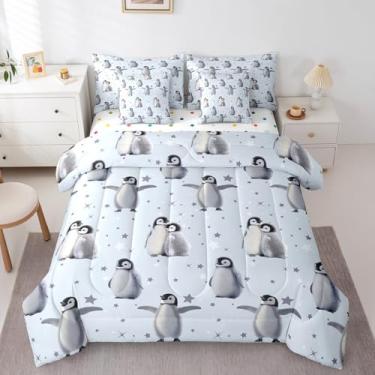 Imagem de Erosebridal Jogo de cama de casal com estampa de pinguim fofo, animais polares de inverno, animais selvagens, pássaros kawaii, animais selvagens, conjunto de cama