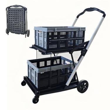 Imagem de Carrinho de compras dobrável com rodas, carrinho de compras dobrável multiuso de 2 níveis com 2 caixas de armazenamento, carrinho utilitário dobrável para escritório, mantimentos, armazém