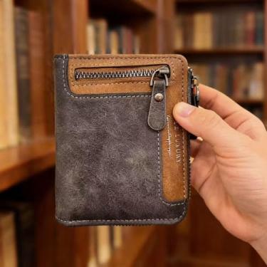 Imagem de Carteira masculina preta curta feita à mão com zíper, carteira dupla fina com vários compartimentos para cartões e bolso para moedas, carteira compacta com bloqueio de RFID para uso diário e presente