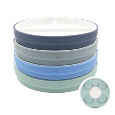 Imagem de Elk and Friends Pratos divididos brancos de porcelana infantil de 19,78 cm com mangas de sucção de silicone | Adequado para bebês/crianças | Seguro para micro-ondas e lava-louças | Louça Stay Put |