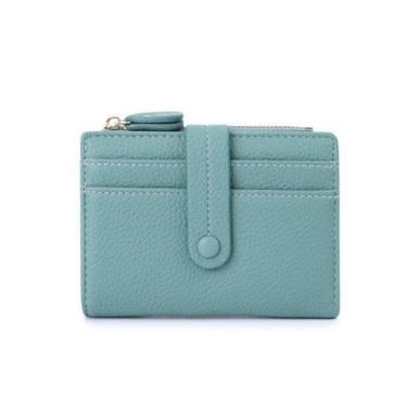 Imagem de Carteira feminina de couro genuíno com dobra dupla/tripla - Suporte minimalista para cartão de crédito com bloqueio de RFID e bolso para moedas, Azul, Casual