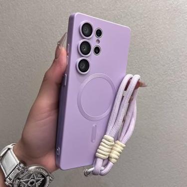 Imagem de Capa de silicone líquido fashion para Samsung Galaxy S25 Ultra S25 Plus S21 S22 S23 S24 Ultra, película com lente e pulseira, roxa, para Samsung S23 Ultra