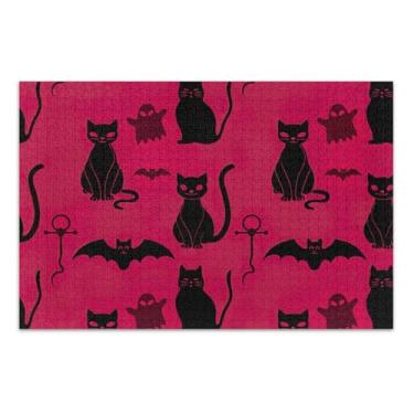 Imagem de Quebra-cabeça de 500 peças para adultos Halloween preto morcego gato rosa engraçado jogo de quebra-cabeça divertido Prime quebra-cabeça animal flor arte, 50 x 35 centímetros