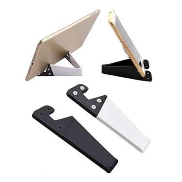 Imagem de Suporte de telefone dobrável, suporte universal em forma de V para visualização vertical e horizontal, base de mesa portátil compatível com todos os smartphones e tablets, design compacto em preto e