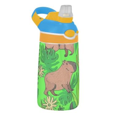 Imagem de Cute Capybara Bush Plants Garrafa de água verde infantil com canudo 473 ml 473 ml Garrafa de água esportiva Tritan à prova de vazamento, copo infantil portátil, reutilizável, alça de transporte
