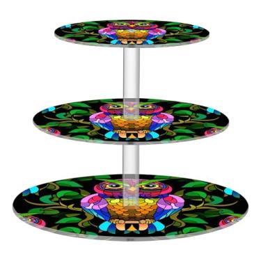 Imagem de Suporte de cupcake para festa de chá, 3 camadas, redondo, para casamento, copo de acrílico, torre de bolo, corujas coloridas vibrantes, suporte preto, bandejas de servir, mesa de doces, suporte para