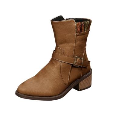 Imagem de Bota feminina de inverno casual plus size confortável bico redondo com zíper lateral salto baixo, Marrom, 34