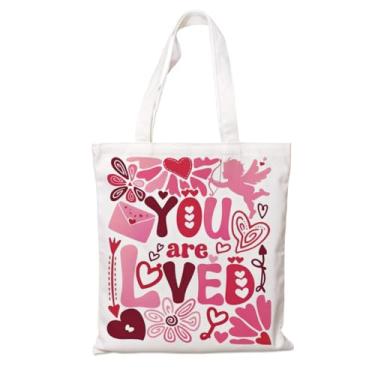 Imagem de Bolsa de Valentim Reutilizável, Sacola de Compras de Lona "You Are Loved" Rosa Doodle Corações, Presente de Lona Branca para Mulheres, Sacola de Livro de Mercearia na Praia, Estética Carryall (A51)
