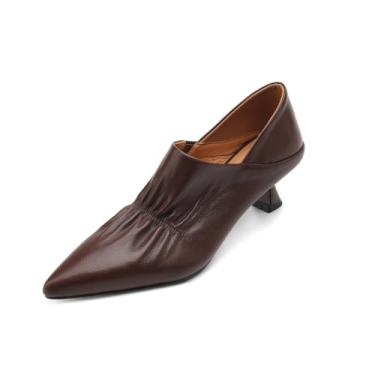 Imagem de TinaCus Sapato feminino de couro legítimo, bico fino, salto gatinho feito à mão, Marrom, 37