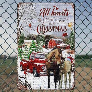 Imagem de Cavalos de Natal Casa para Feriados Decorações de Natal Arte de Parede de Alumínio Rústico e Placa de Metal - 20 x 30 cm Decoração Vintage Interior Exterior para Casa, Escritório, Café, Quintal e