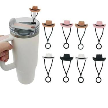 Imagem de 8 peças de chapéu de cowboy de silicone para Stanley Cup, pontas de palha reutilizáveis à prova de poeira, bonés de palha à prova de poeira