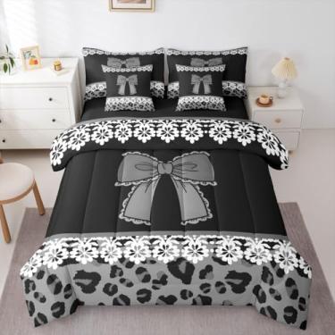 Imagem de Feelyou Conjunto de edredom com laço de desenho animado, 7 peças, solteiro, preto, com estampa de guepardo, para crianças, meninos, meninas, branco, damasco e leopardo, respirável, macio