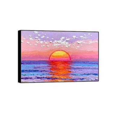 Imagem de Impressão em tela de paisagem com moldura preta - roxo azul mar pôr do sol - pintura de decoração - imagens para quarto 30 x 45 cm 12 x 18 pol