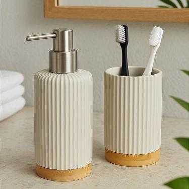 Imagem de Kit Banheiro em Poliresina com Bambu Bege – Porta Sabonete 250ml + Copo