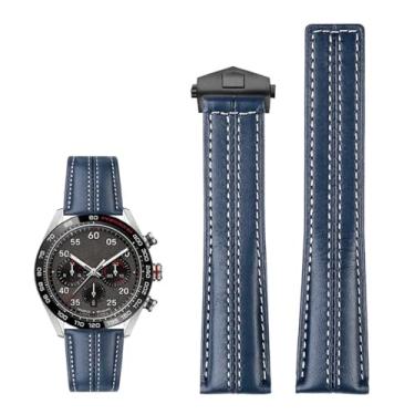 Imagem de RORFFK Pulseira masculina de couro genuíno de 22 mm para relógio Tag Heuer Carrera Monaco com fivela dobrável de couro bovino (fivela azul preta)