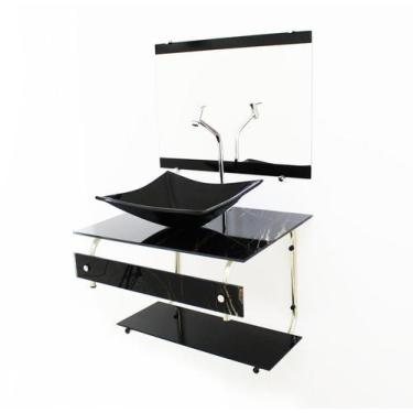 Imagem de Kit gabinete banheiro 60cm it inox com cuba retangular mármore preto +