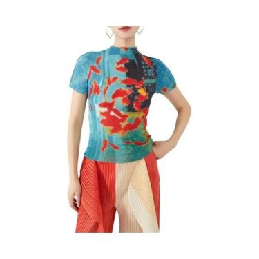 Imagem de Camiseta Vintage Feminina Com Estampa De Peixe, Ajuste Slim, Gola Alta