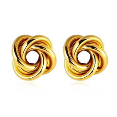 Imagem de ANGLEQUEEN Brincos de ouro grosso para mulheres 14K banhado a ouro 14 quilates brincos de argola de nó redondo brinco de declaração de ouro vintage brinco de gota brinco joia moderna presente para