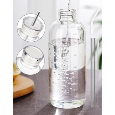 Imagem de NiHome Garrafa de água de vidro transparente de 750 ml com 2 tampas e canudo de aço inoxidável, resistente à temperatura durável de vidro de borossilicato com vedação à prova de vazamento para