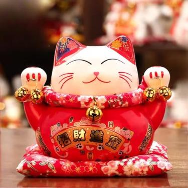 Imagem de FENNYYAR Mascote vermelho de cerâmica para gatos riqueza com o mesmo padrão em ambos os lados, estátua de decoração de casa de gato da sorte de 17 cm