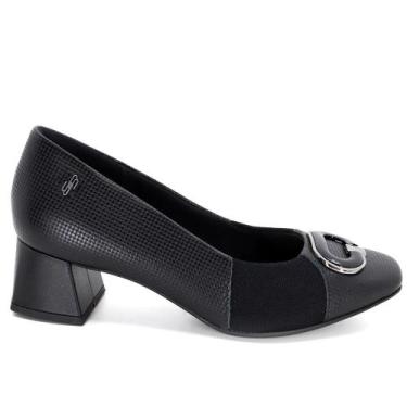 Imagem de Scarpin salto bloco detalhe enfeite monograma usaflex couro, Preto, 37