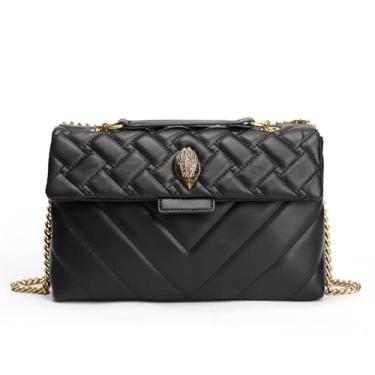 Imagem de Rejolly Bolsa tiracolo feminina listrada arco-íris de couro sintético com bloqueio de cor e alça de corrente, Preto grande (ferragens douradas), 10.6" W x 5.1" D x 7.1" H