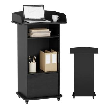 Imagem de Qriocioa Suporte de pódio com rodas de metal Púlpito de madeira Suporte de pódio portátil com armazenamento móvel recepção pódio mesa para igreja, escritório, escola, conferência, restaurante, reunião