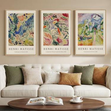 Imagem de Arte de parede Matisse emoldurada grande para sala de estar, conjunto de 3 arte em tela de paisagem abstrata colorida para paredes, pinturas famosas retrô vintage Matisse impressões imagens para
