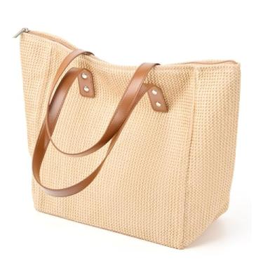 Imagem de DETARA Bolsa feminina de palha de tecido de praia de couro PU para compras de fim de semana bolsa de viagem, V01 Palha cáqui, Large