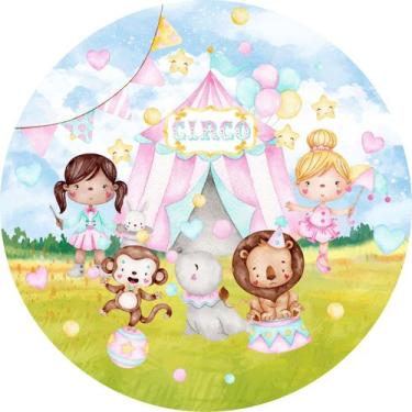 Imagem de Painel de Lona Redondo Circo Aquarela Rosa Meninas e Animais - Fabrika