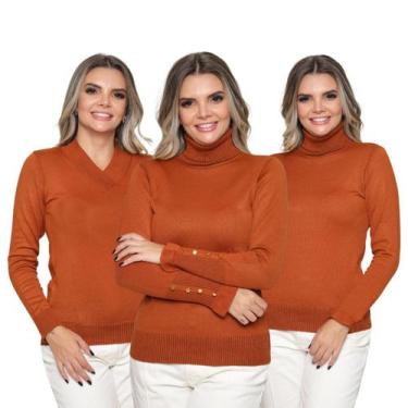 Imagem de Kit 3 Blusas Feminina de Tricot Manga Longa Tendência Frio 2024 - SP/C