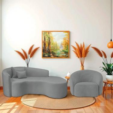 Imagem de Kit Recamier Curvo Sala De Estar Inglaterra 200cm Lado Direito E Poltrona Orgânica Luxo Amore Bouclé Cinza