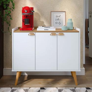 Imagem de Aparador Buffet 3 Portas Cantinho Café Prateleira Organizadora Puxador Concha Vintage Pés Retrô Decoração Sala Jantar Truzzi - Branco/Hanover - RPM